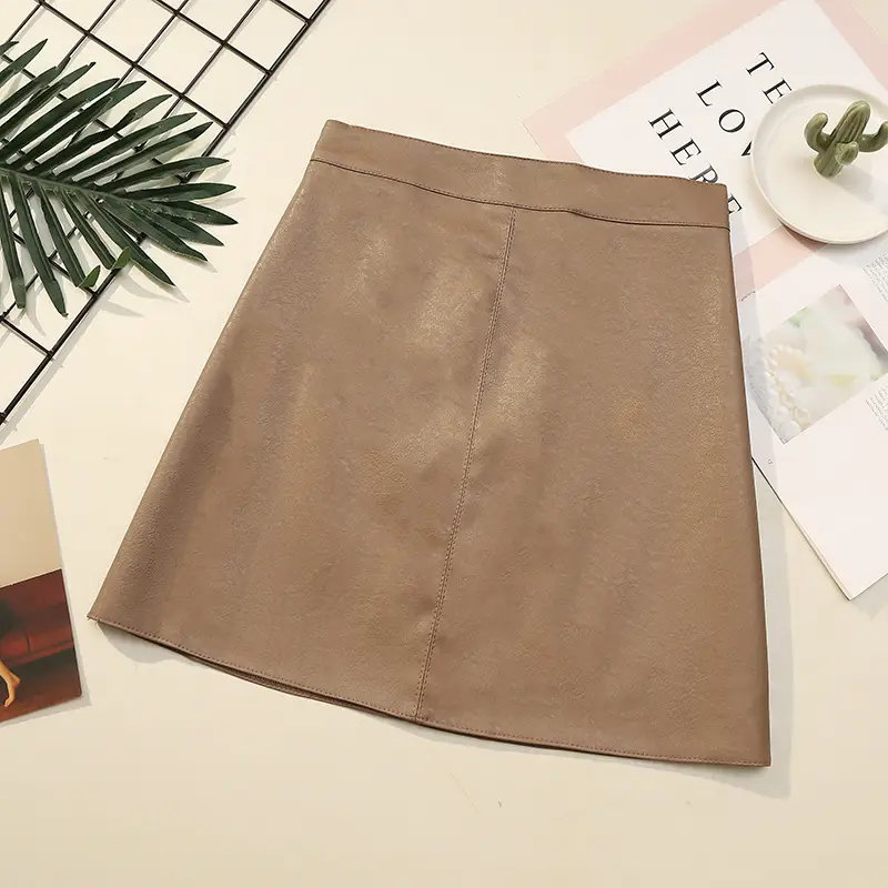 Women Black Leather Hip Cover Skirt Olive Green - Image 3