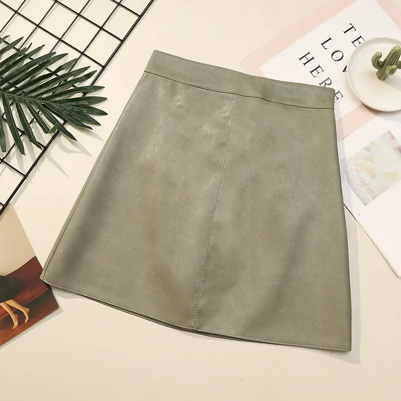 Women Black Leather Hip Cover Skirt Olive Green - Image 6
