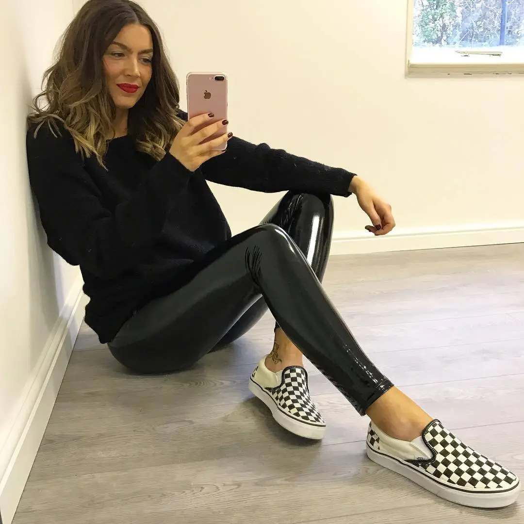 Black Reflective Yoga Leather Pants for Women - Image 3