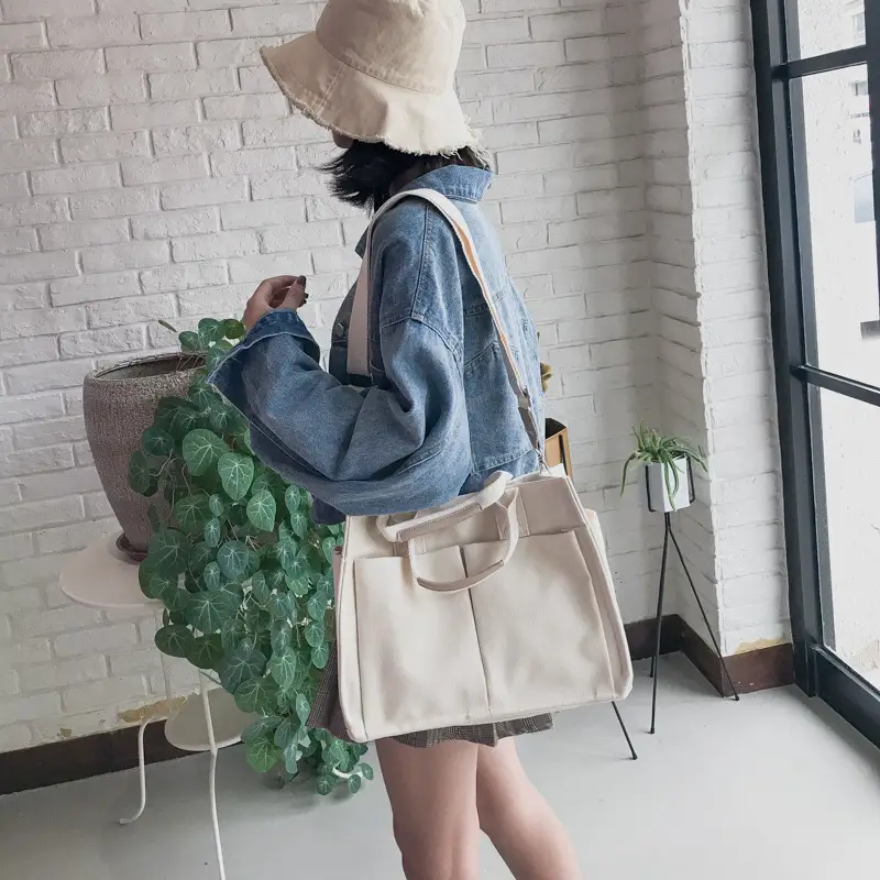 Women Korean Style Canvas Shoulder Bag Large White - Image 2