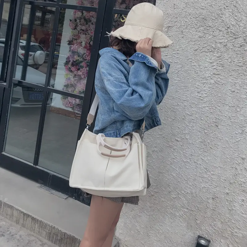 Women Korean Style Canvas Shoulder Bag Large White - Image 3