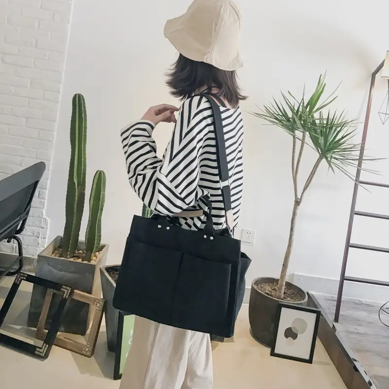 Women Korean Style Canvas Shoulder Bag Large White - Image 4