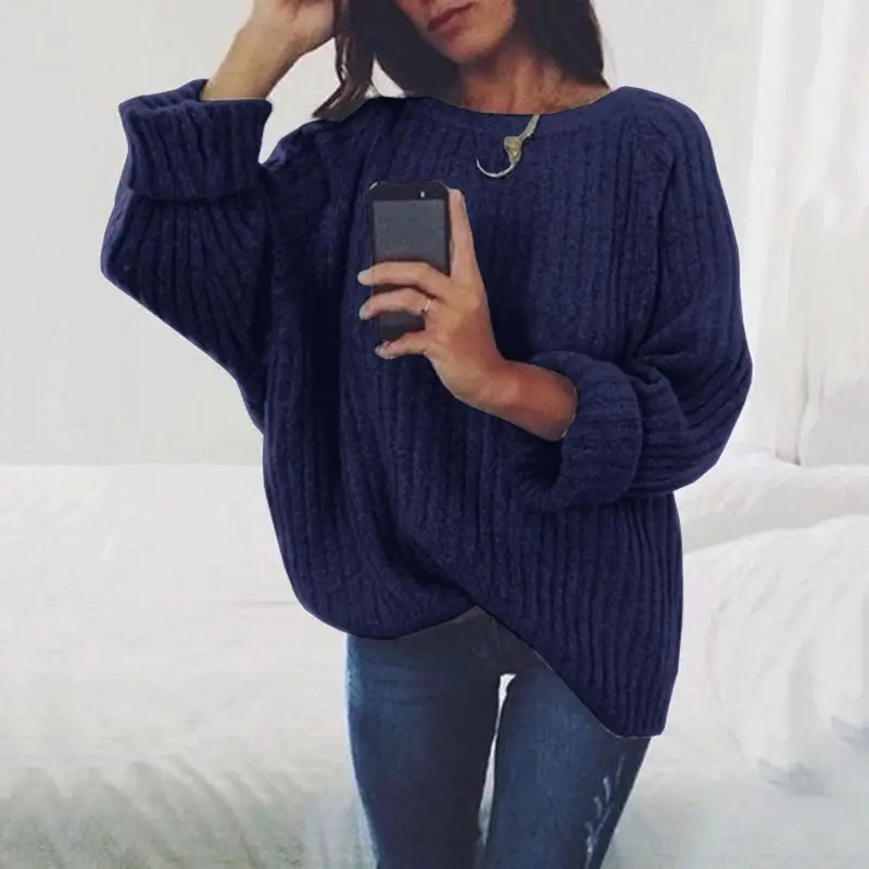 Women Knitted Crewneck Sweater Pullover Black - Image 12