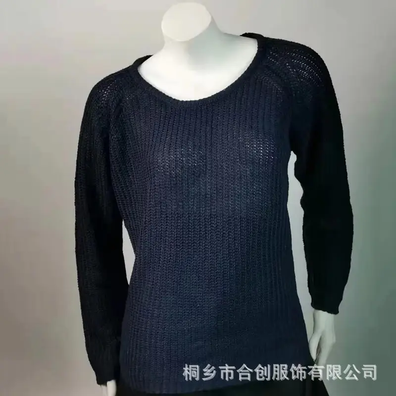 Women Knitted Crewneck Sweater Pullover Black - Image 2