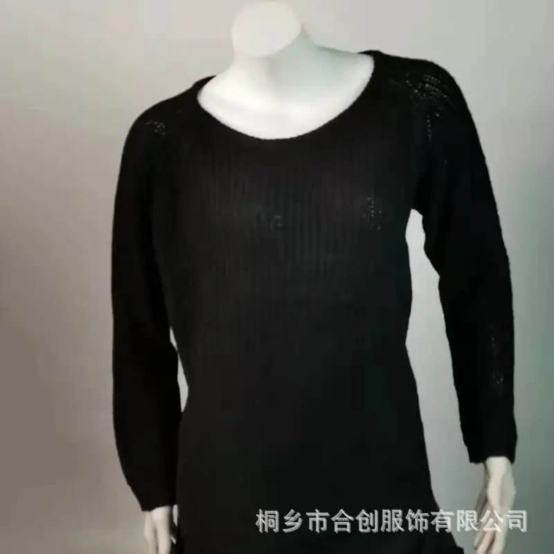 Women Knitted Crewneck Sweater Pullover Black - Image 3