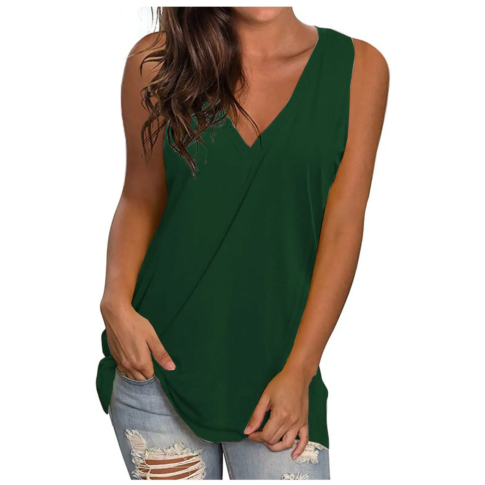 White V-Neck Sleeveless T-Shirt Women Large Summer Wear - Image 11