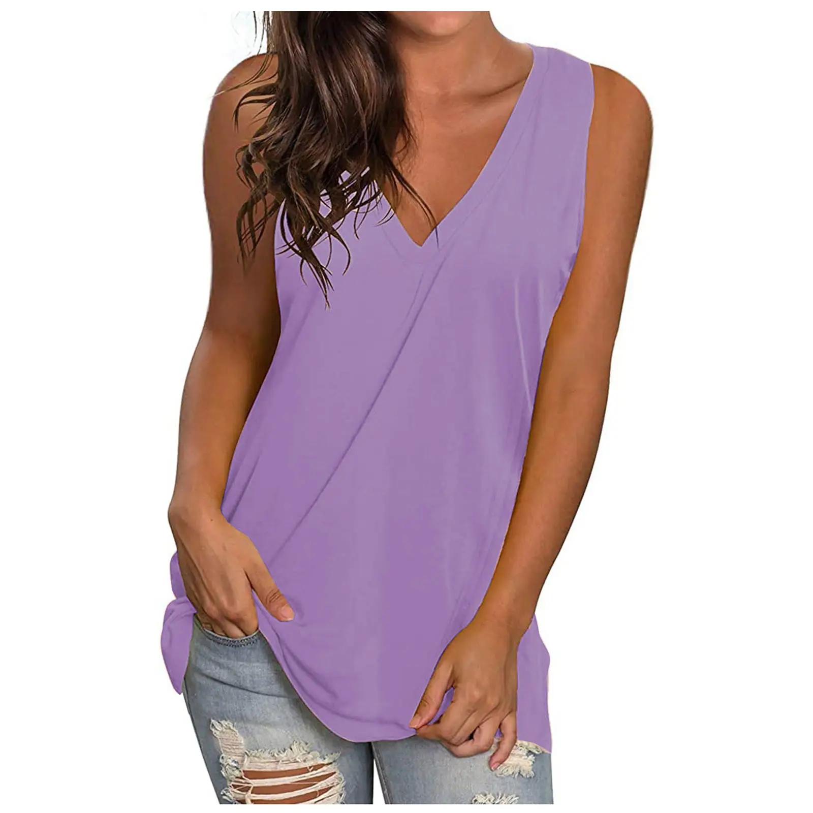 White V-Neck Sleeveless T-Shirt Women Large Summer Wear - Image 12