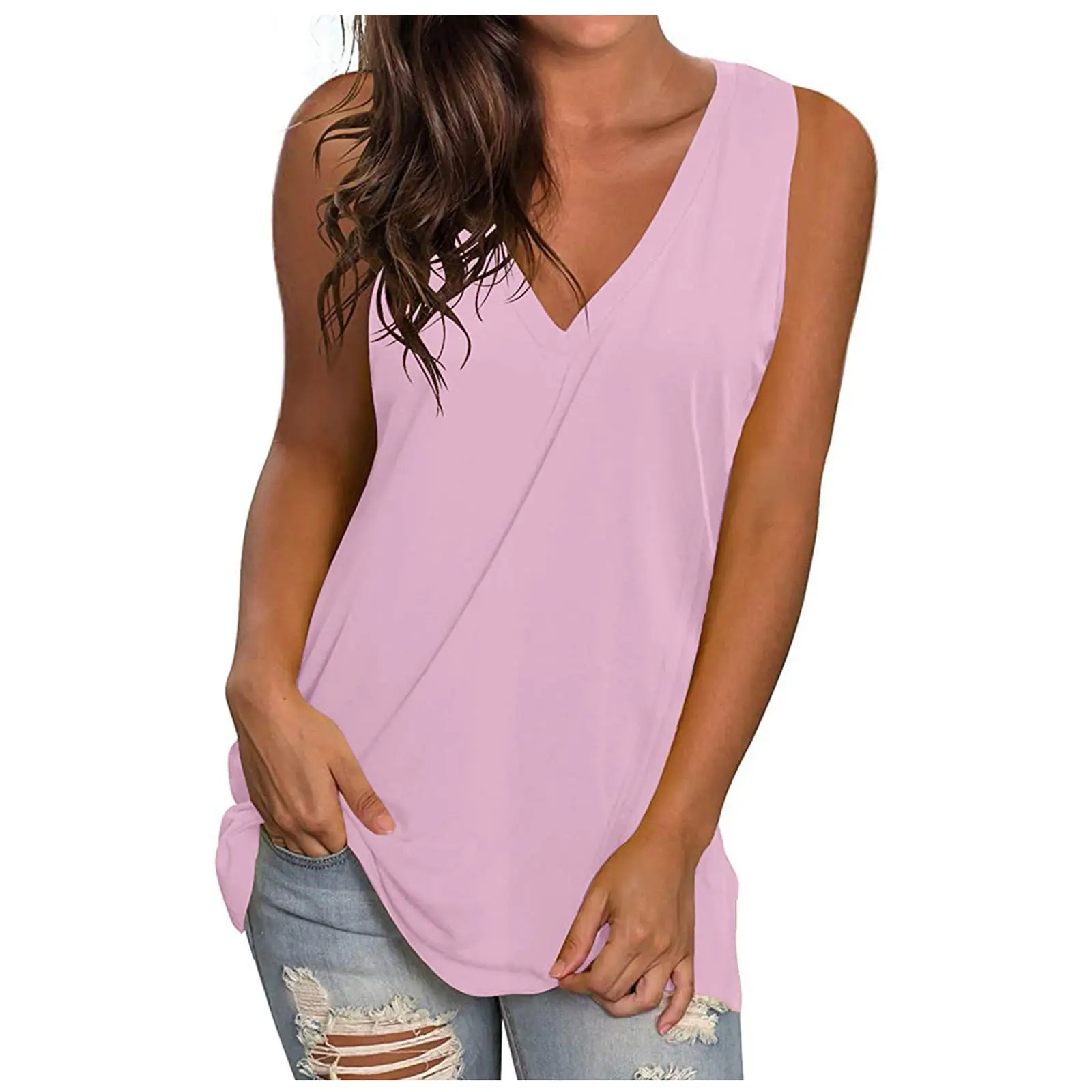 White V-Neck Sleeveless T-Shirt Women Large Summer Wear - Image 13