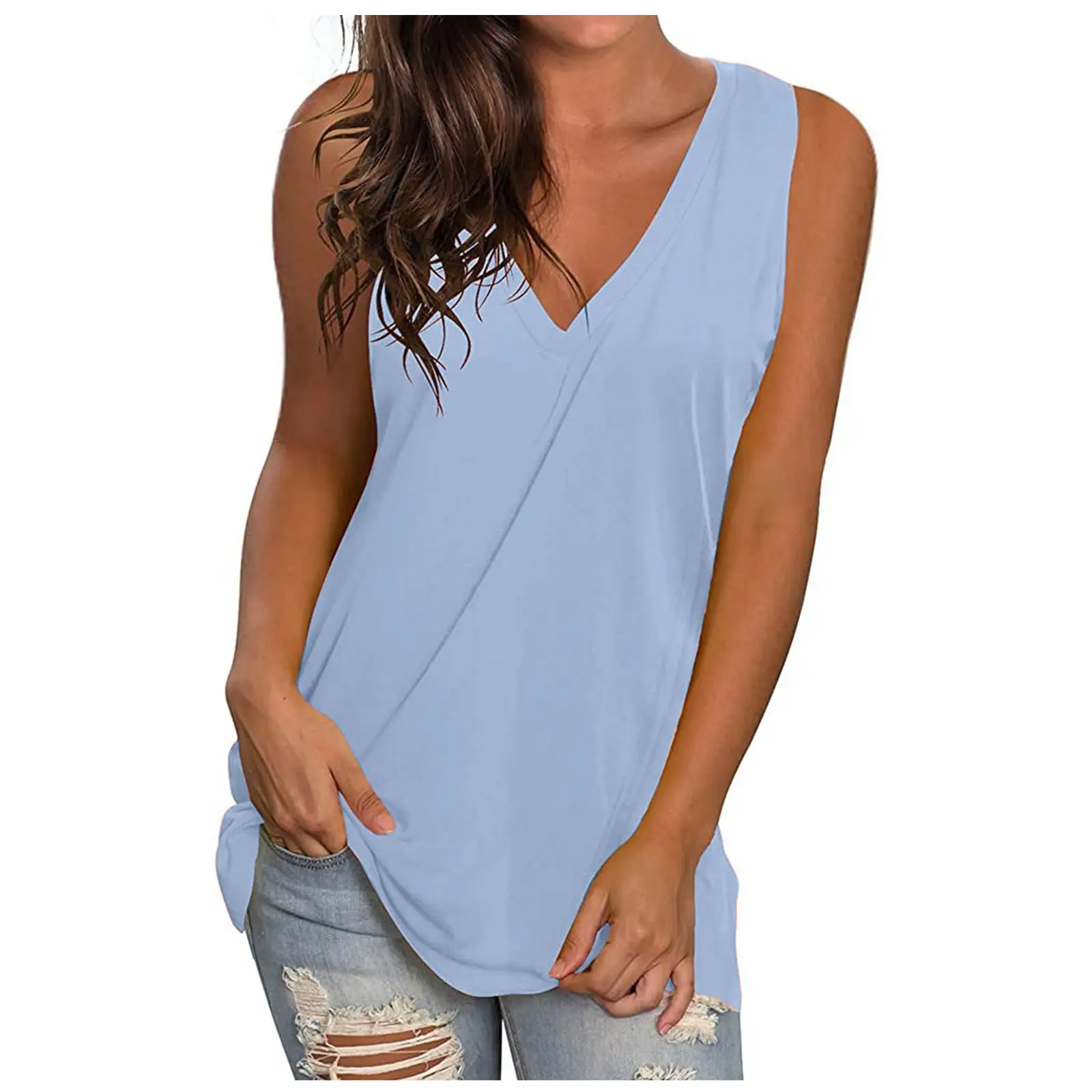 White V-Neck Sleeveless T-Shirt Women Large Summer Wear - Image 14
