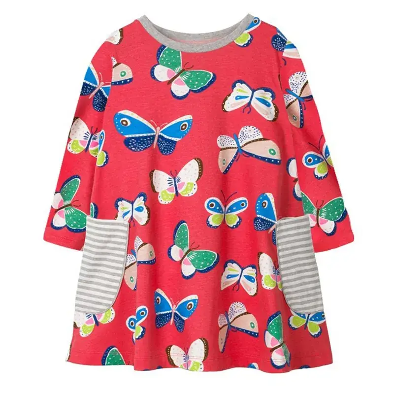 Girls' Printed Butterfly Long Sleeve Dress Red