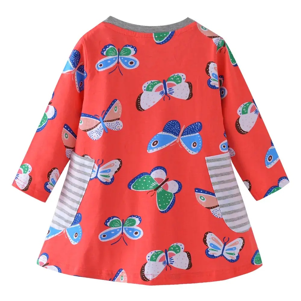 Girls' Printed Butterfly Long Sleeve Dress Red