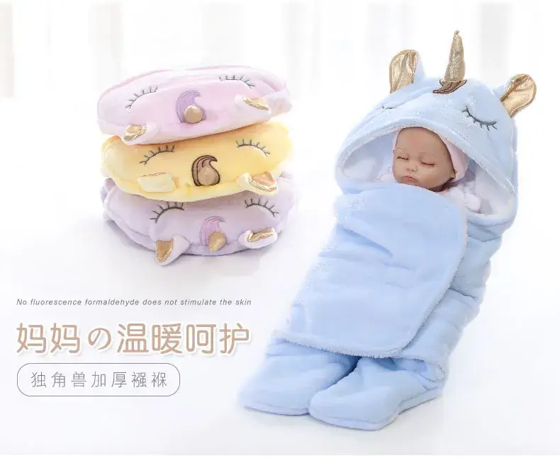 New Winter Baby Swaddle Blanket Unicorn Double Layer Light Blue — feature 1