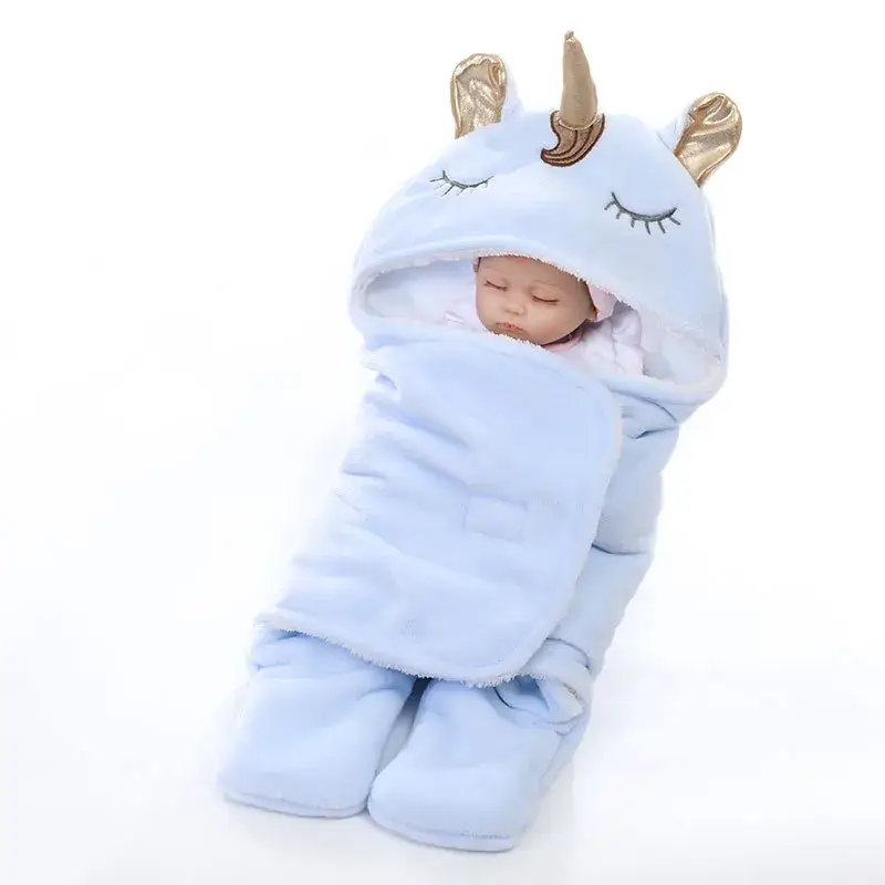 New Winter Baby Swaddle Blanket Unicorn Double Layer Light Blue - Image 4