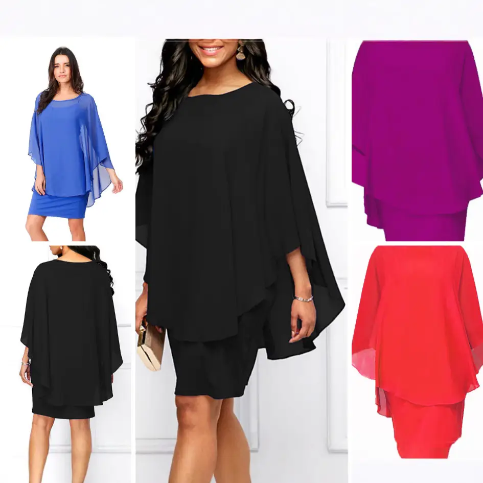 Plus Size Chiffon Blouse Skirt Set Black Red Purple