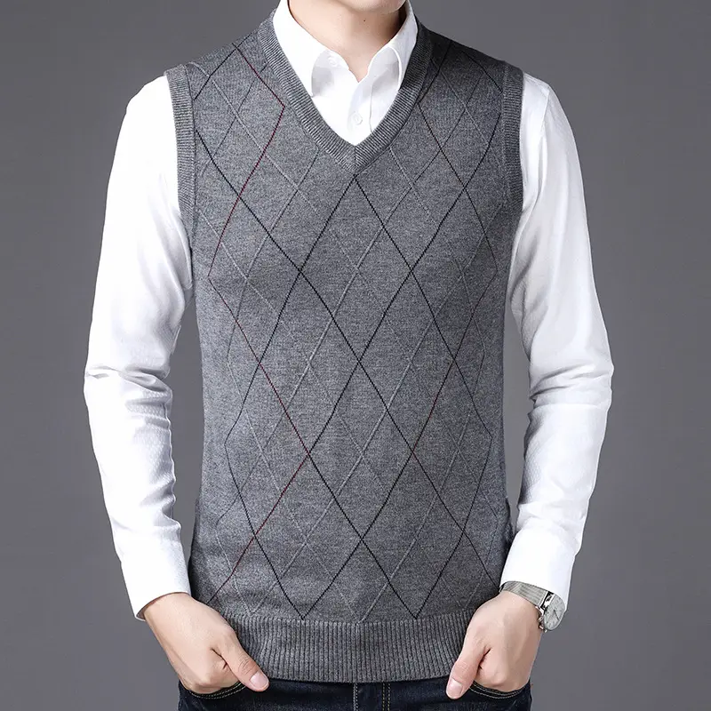 Men's Navy Knit V-Back Vest Solid Color Business Casual Wear - Image 7