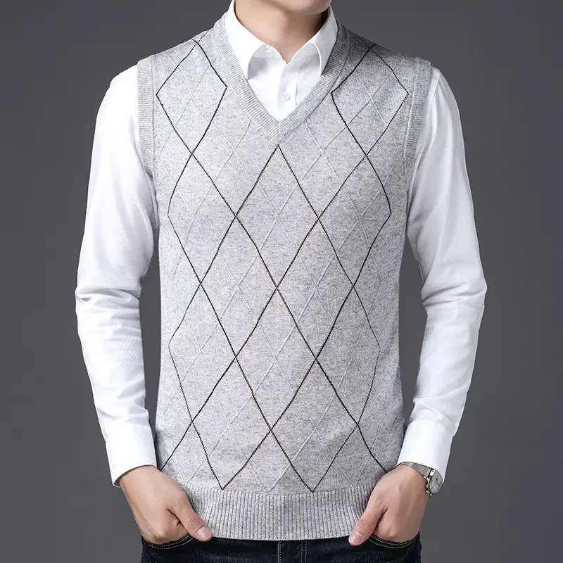 Men's Navy Knit V-Back Vest Solid Color Business Casual Wear - Image 3