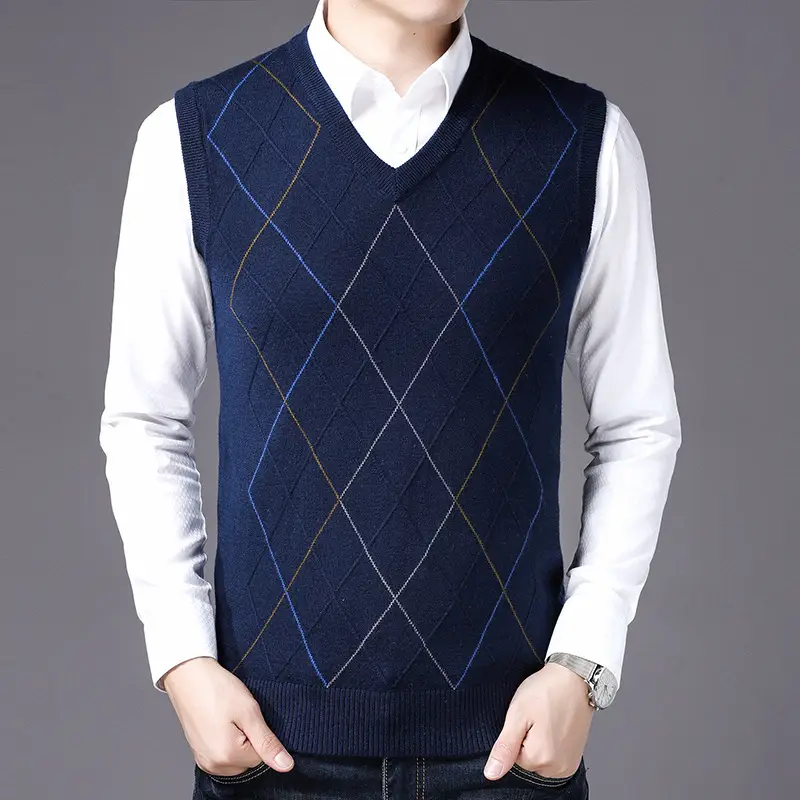 Men's Navy Knit V-Back Vest Solid Color Business Casual Wear - Image 4
