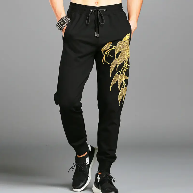 Black Embroidered Plus Size Trousers with Gold Leaf Design - Image 3