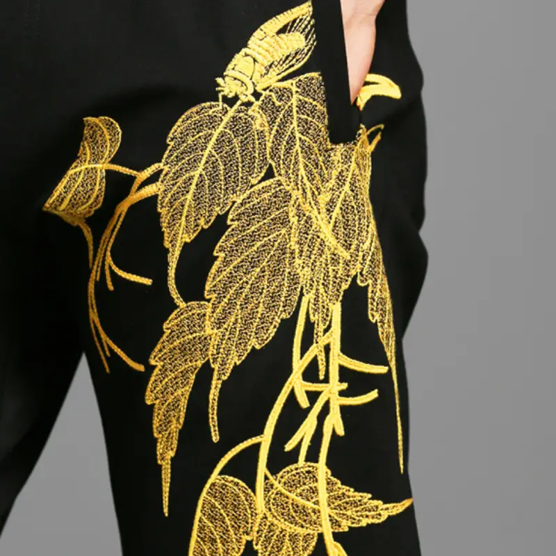 Black Embroidered Plus Size Trousers with Gold Leaf Design - Image 4