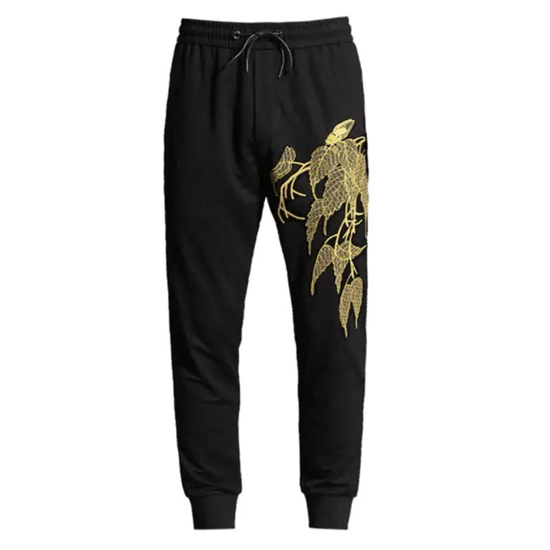 Black Embroidered Plus Size Trousers with Gold Leaf Design - Image 6