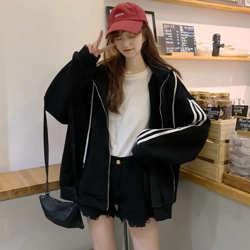 Women Red Hooded Sweatshirt Jacket with Stripes & Zipper - Image 3