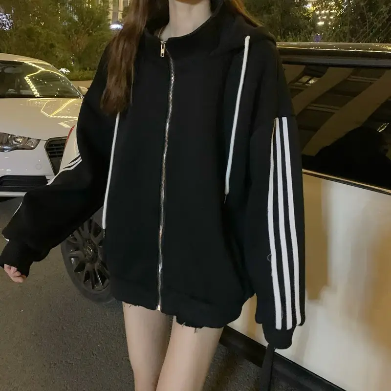 Women Red Hooded Sweatshirt Jacket with Stripes & Zipper - Image 5