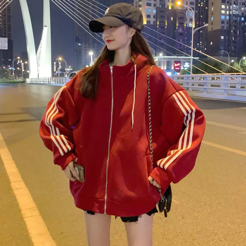 Women Red Hooded Sweatshirt Jacket with Stripes & Zipper - Image 6