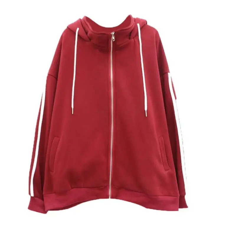 Women Red Hooded Sweatshirt Jacket with Stripes & Zipper - Image 7