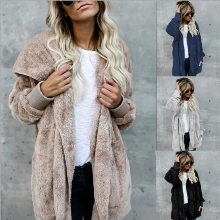 Women Plush Hoodie Jacket Navy Blue Enlarged - Image 10