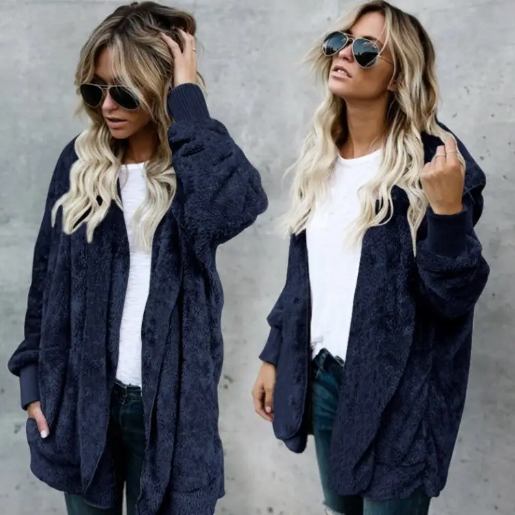 Women Plush Hoodie Jacket Navy Blue Enlarged - Image 11