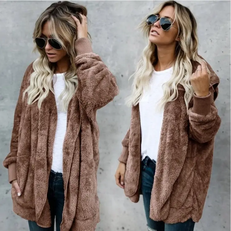 Women Plush Hoodie Jacket Navy Blue Enlarged - Image 12