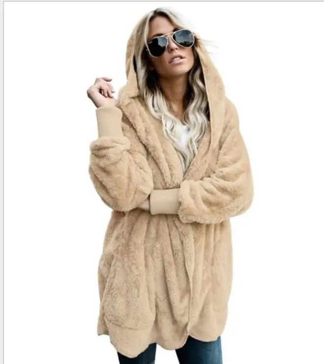 Women Plush Hoodie Jacket Navy Blue Enlarged - Image 4