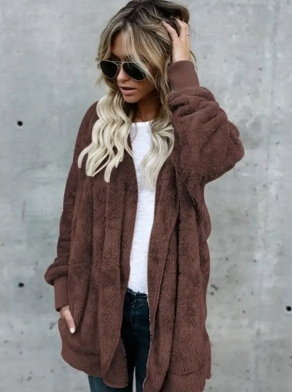 Women Plush Hoodie Jacket Navy Blue Enlarged - Image 5