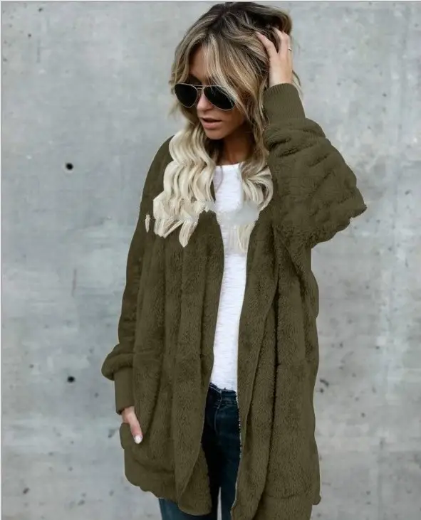 Women Plush Hoodie Jacket Navy Blue Enlarged - Image 7