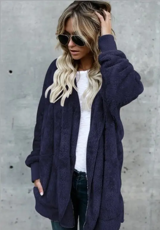 Women Plush Hoodie Jacket Navy Blue Enlarged - Image 8