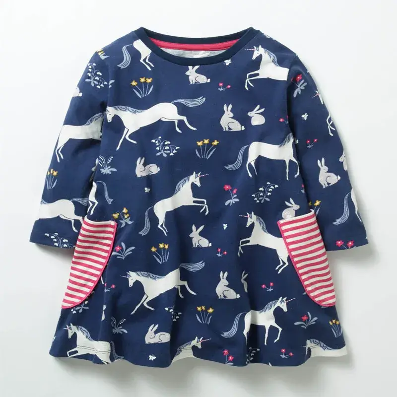 Girls' Printed Long Sleeve Dress Blue with Deer Pattern