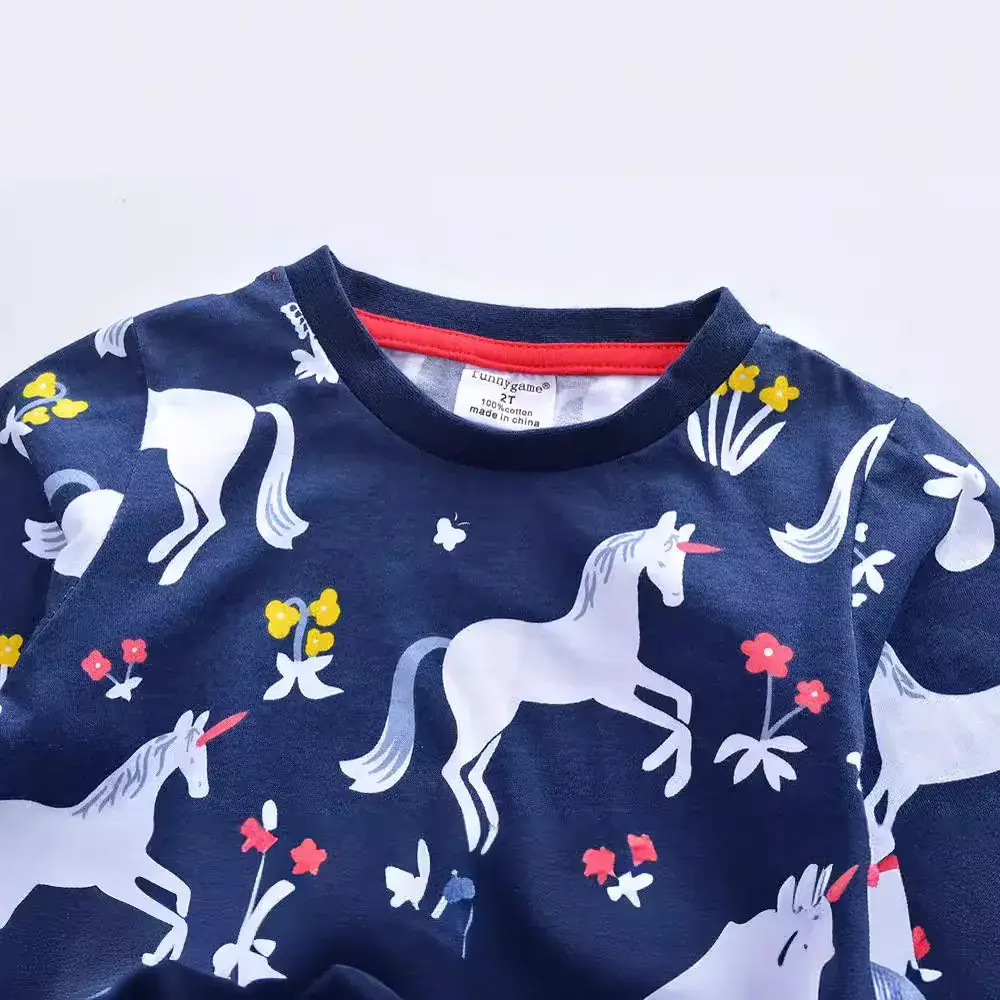 Girls' Printed Long Sleeve Dress Blue with Deer Pattern