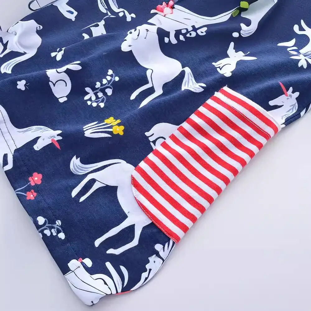 Girls' Printed Long Sleeve Dress Blue with Deer Pattern