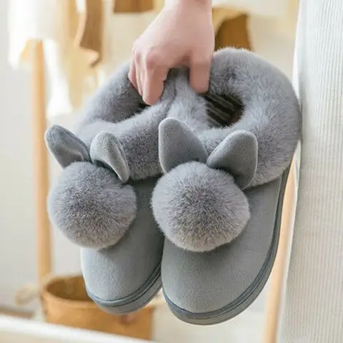 Women Winter Warm Rabbit Fur Slippers Black