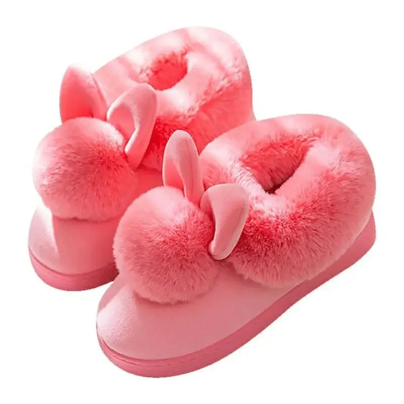 Women Winter Warm Rabbit Fur Slippers Black
