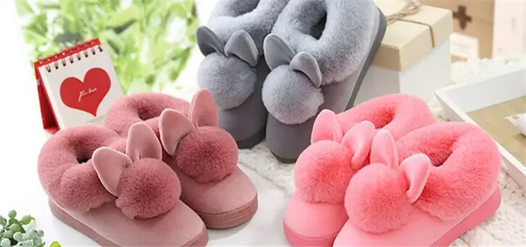 Women Winter Warm Rabbit Fur Slippers Black — feature 7