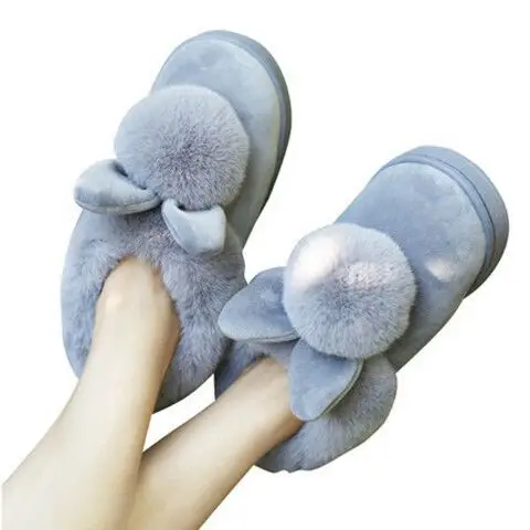 Women Winter Warm Rabbit Fur Slippers Black
