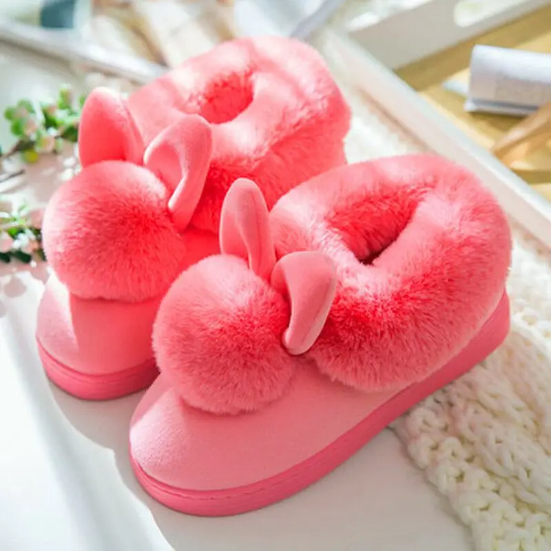 Women Winter Warm Rabbit Fur Slippers Black