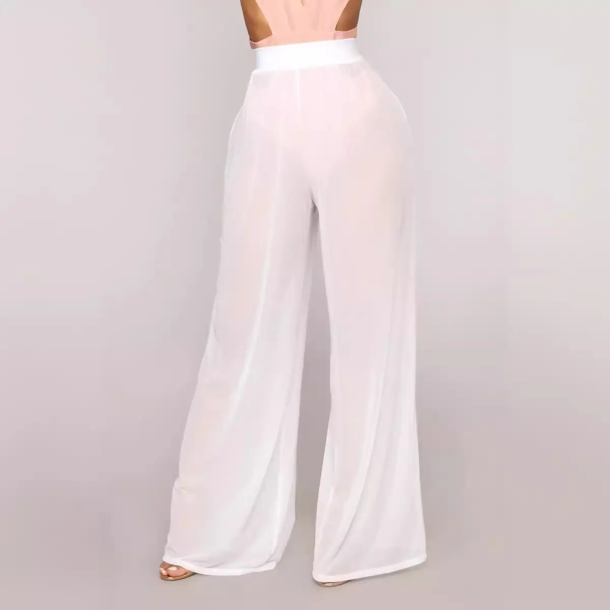 Wide Leg Pants Pure Color Mesh See Through - Image 4