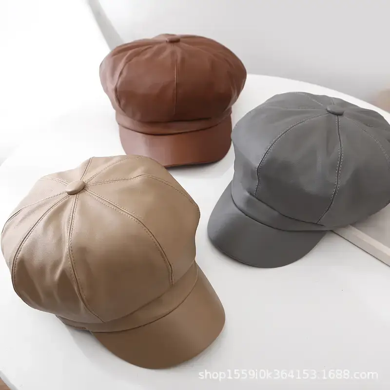 Women Leather Octagonal Hat Black Winter Casual - Image 4