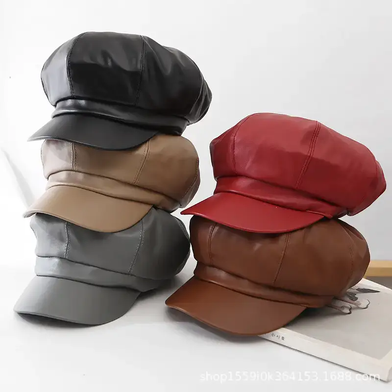 Women Leather Octagonal Hat Black Winter Casual - Image 5