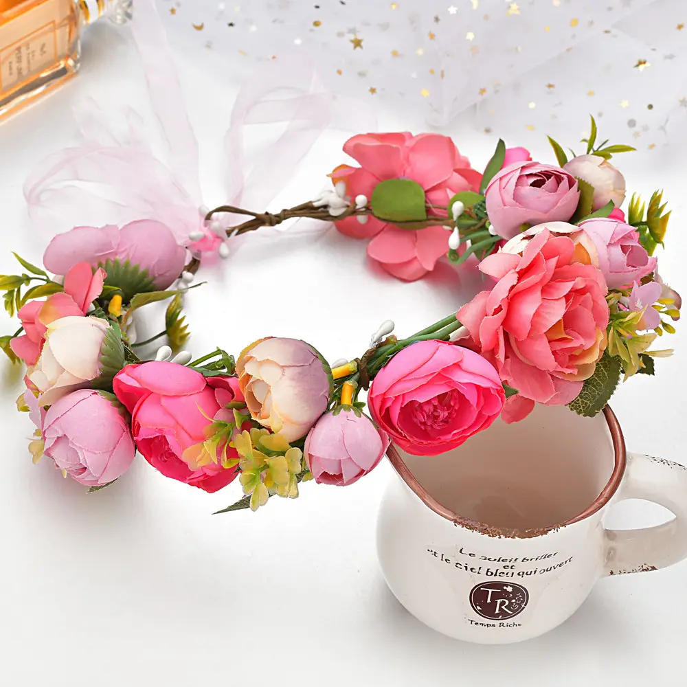 Pink Rose Crossbody Headband for Women Wedding Photo Bridal