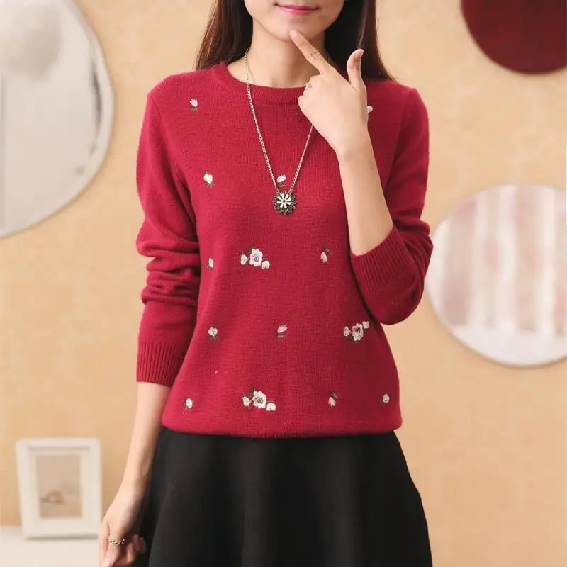 Women's Red Embroidered Long Sleeve Pullover Winter Wear - Image 9