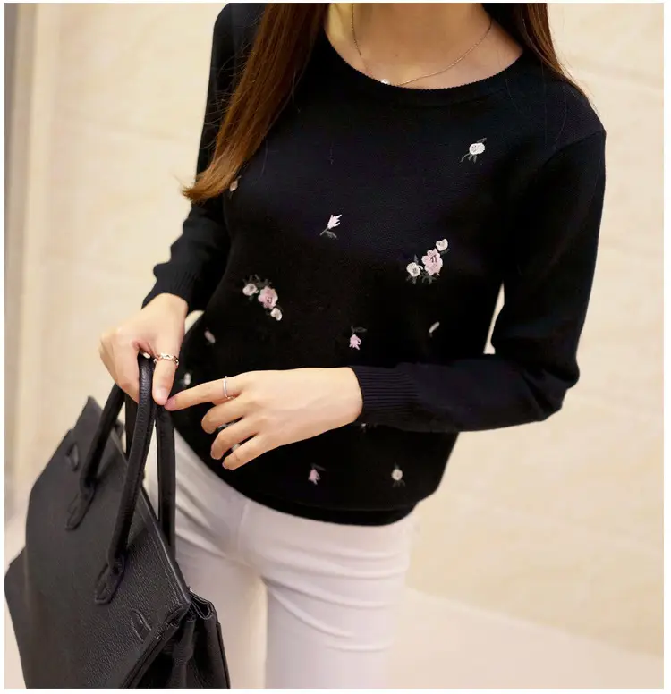 Women's Red Embroidered Long Sleeve Pullover Winter Wear - Image 2
