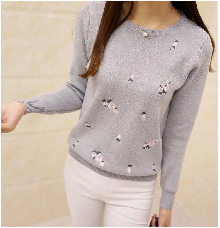 Women's Red Embroidered Long Sleeve Pullover Winter Wear - Image 3